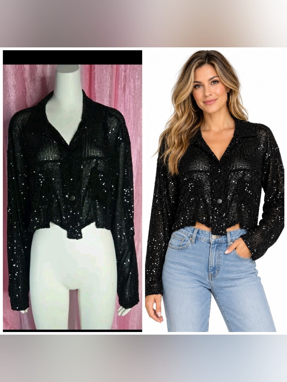 POL Black Sequin Sheer Crop Button-Up Oversized Blouse Size Large NWT